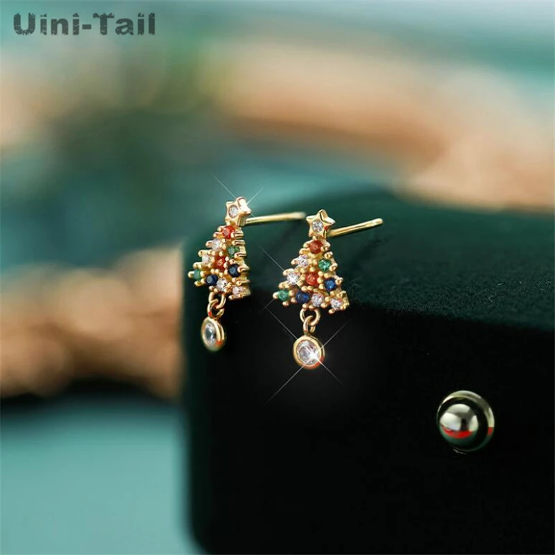 Uini-Tail Hot Selling New 925 Tibetan Silver Star Christmas Tree Color Earrings Fashion Small Dynamic High Quality Christmas