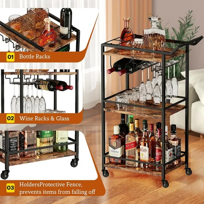 3-Floor Bar Car, Alcohol and Beverage Dinner Party Utility Dining Car, Wheeled Dining Car