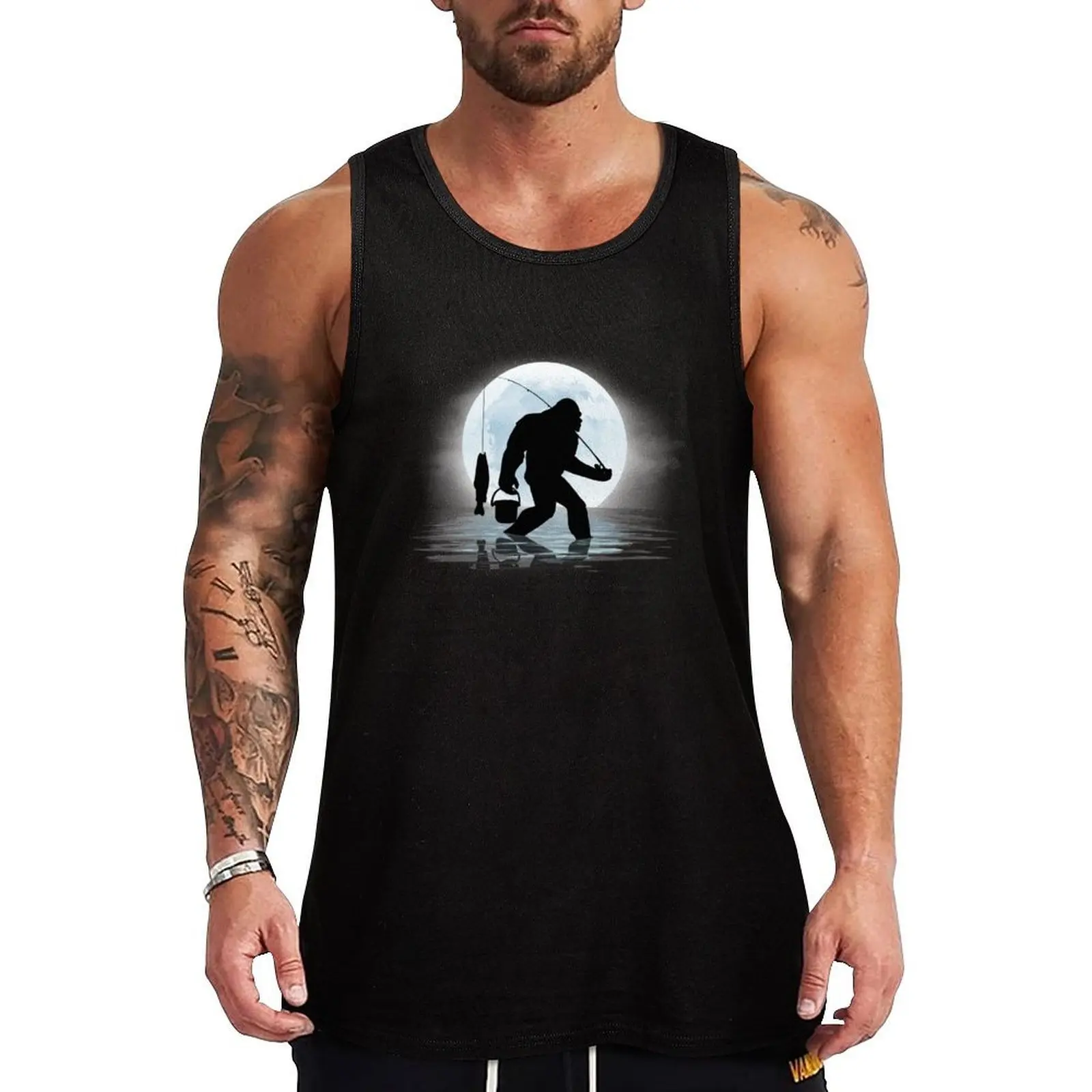 Bigfoot Fishing Funny Sasquatch and Fish Night Fishing Tank Top Moisture Wicking Tank Top Anti Sweat Workout Shirt