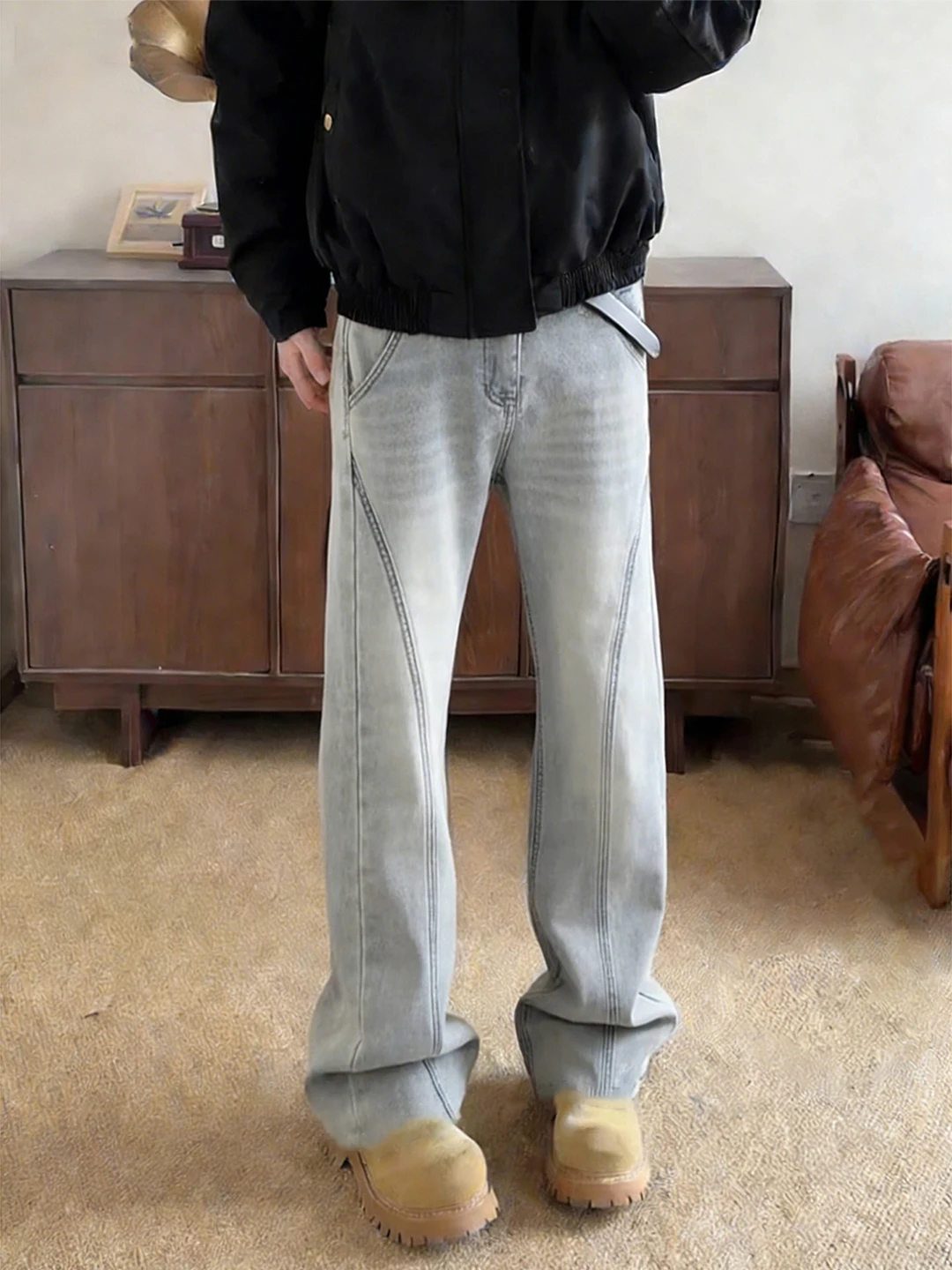 

American Style Vintage Men's Flared Jeans Winter Fleece Lined Slimming Straight Cut Knife Casual Wear Youth Fashion