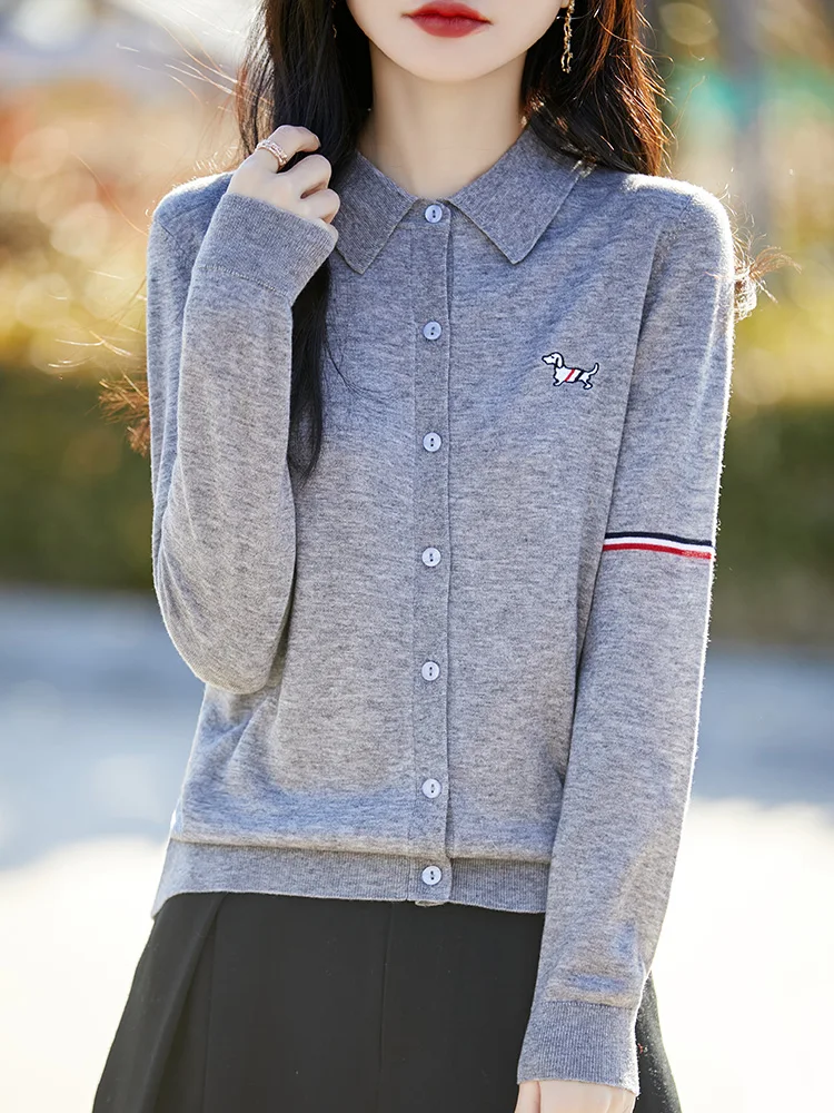 メリノウールニットカーディガン,100% メリノウールセーター,長袖衣類,刺embroideryトップス,ポロカラーのアウター,軽くて贅沢,春