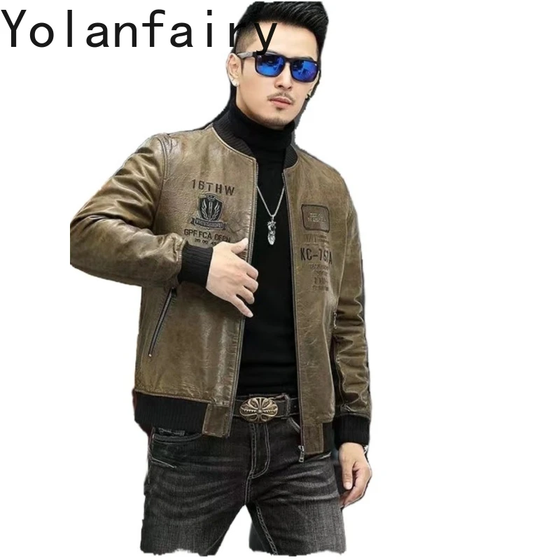 

YOLANFAIRY Real Sheepskin Men Leather Jacket Autumn Winter Short Motorcycle Genuine Leather Jackets Man Embroidered Thin Coat