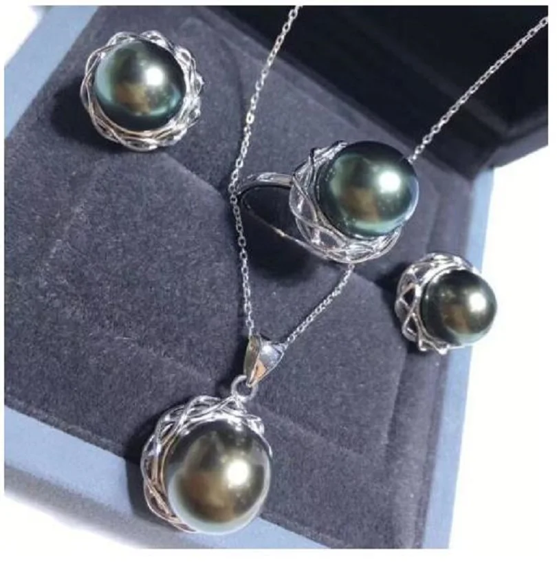 

Gorgeous AAAA 9-10mm South China Sea Black Pearl Pendant Earrings and Ring Set 925s