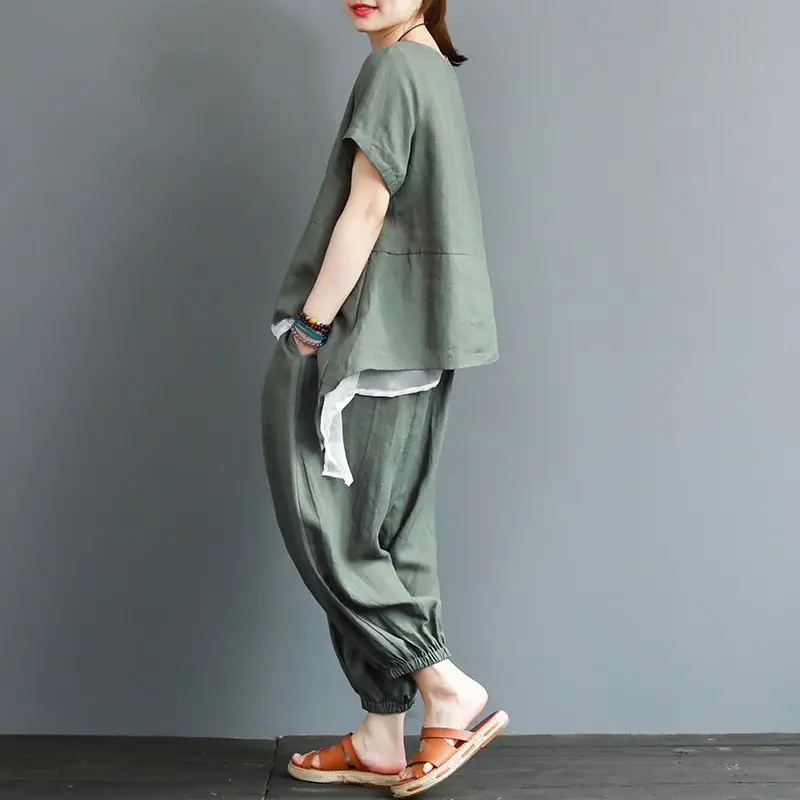 Cotton-linen Suit Women's Summer Dress New Short Sleeve T-shirt Women's Top Large Size Loose Cropped Harem Pants 2-piece Set V5
