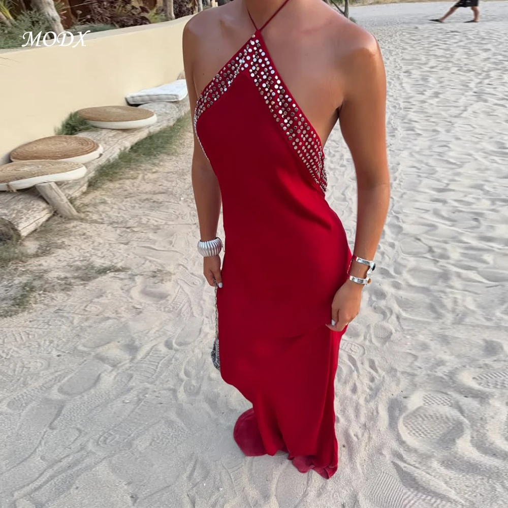 MODX Chic Red Halter Neck Rhinestone Satin Long Evening Dress Maxi Party Cocktail Prom Gown for Women Wedding Guest