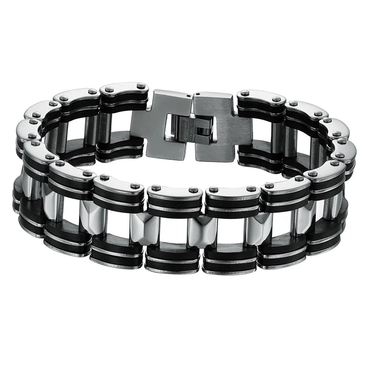 Silicone Men's Wristband Stainless Steel Bracelet Hollow Link Chain Insert Comfortable Fold-over Clasp Gift Father