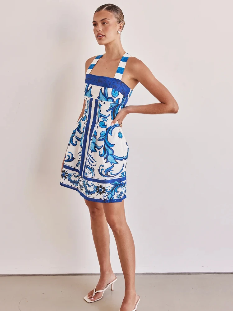 2025 sommer Mode Neue frauen Elegante Neue Gedruckt Böhmischen Kleid Kurze Urlaub Strap Hot Girl Sexy Farbe Blockiert Kleid