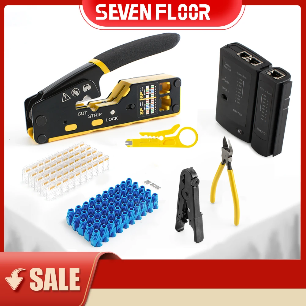

Pass through RJ45 Crimp Tool Kit,Crimper tool,Cable Tester,Wire Cutter,Blades,50Pcs Cat 6 Connectors and Strain Relief Boots