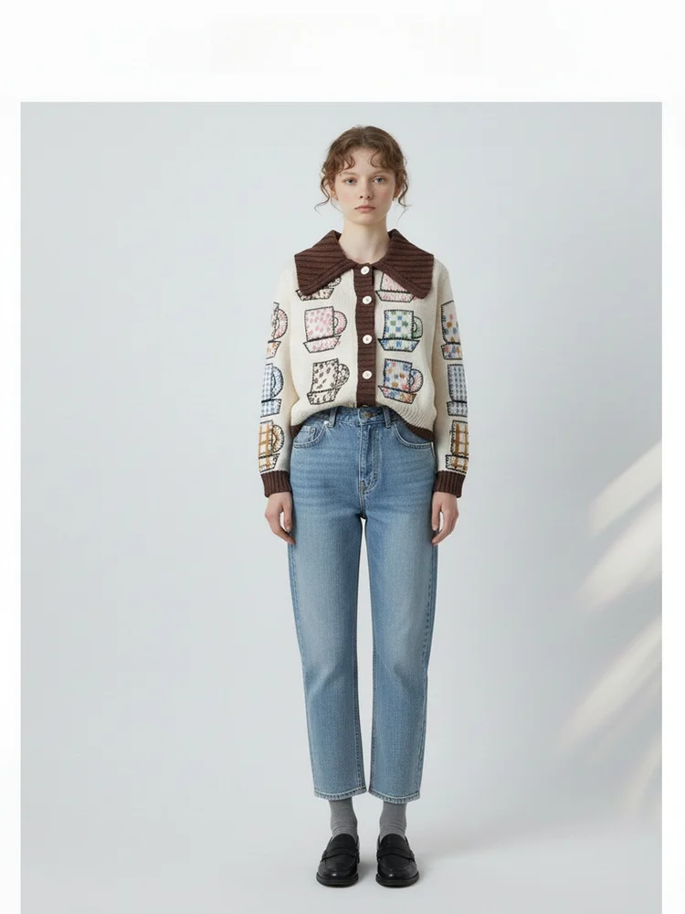

Retro Fun Tea Cup Embroidery Knitted Open Cardigan Women Loose Large Collar Sweater Jaet Autumn Winter Thiened Long Sve