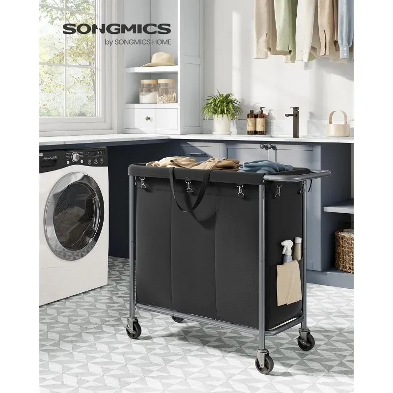 SONGMICS Laundry Basket with Wheels, 3-Section Rolling Laundry Hamper, 52.8 Gallons (200L), Removable Liner, Steel Frame