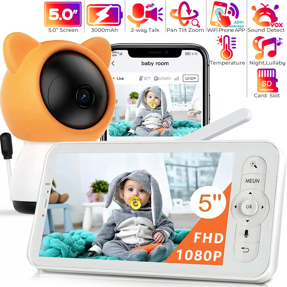 

5" Video Baby Monitor with Phone App and Monitor,PTZ,2-way Talk,Night Vision,Lullabies,VOX Sound Detection,Feeding Reminder