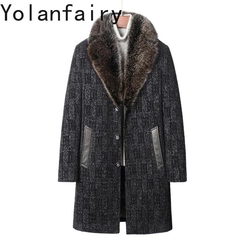 YOLANFAIRY High Quality 70% Wool Coats for Man Winter Casual Business Mid-length Warm Goose Down Jacket Men Raccoon Fur Collar