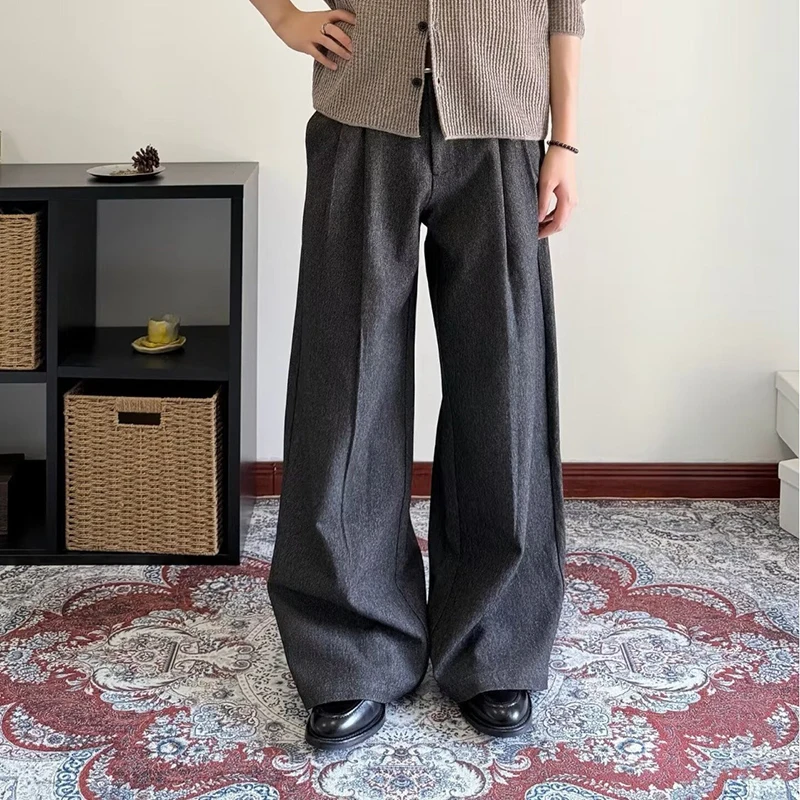 WTHT Vintage Men's Solid Color Straight Pleated Blazer Pants Fashion 2026 Spring High-waisted Wide Leg Trousers Male 2A2664