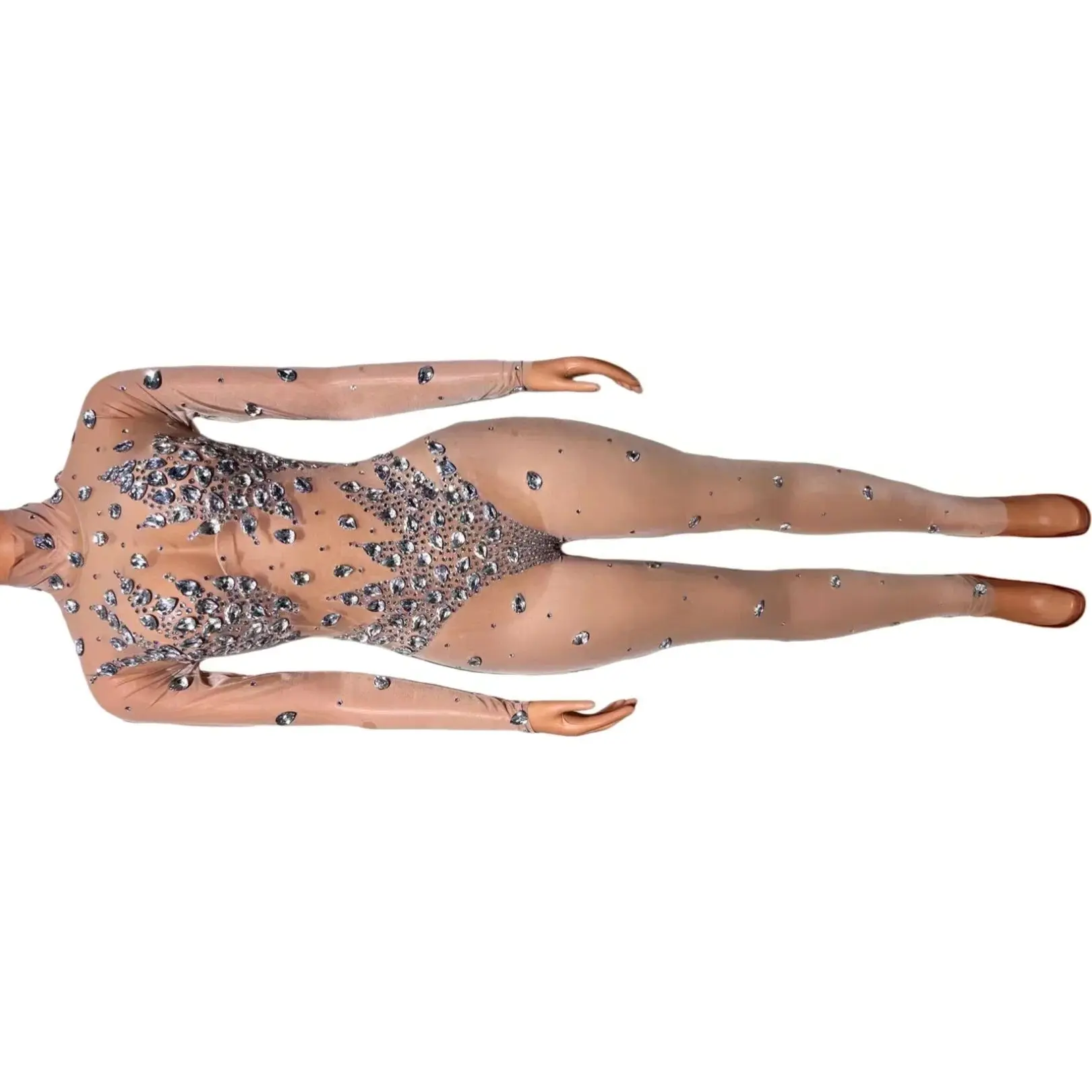 

Комбинезоны с бриллиантами, прозрачный сетчатый комбинезон телесного цвета со стразами, женский сексуальный прозрачный костюм для сцены, дня рождения, танцев, танцовщицы, блестящий наряд