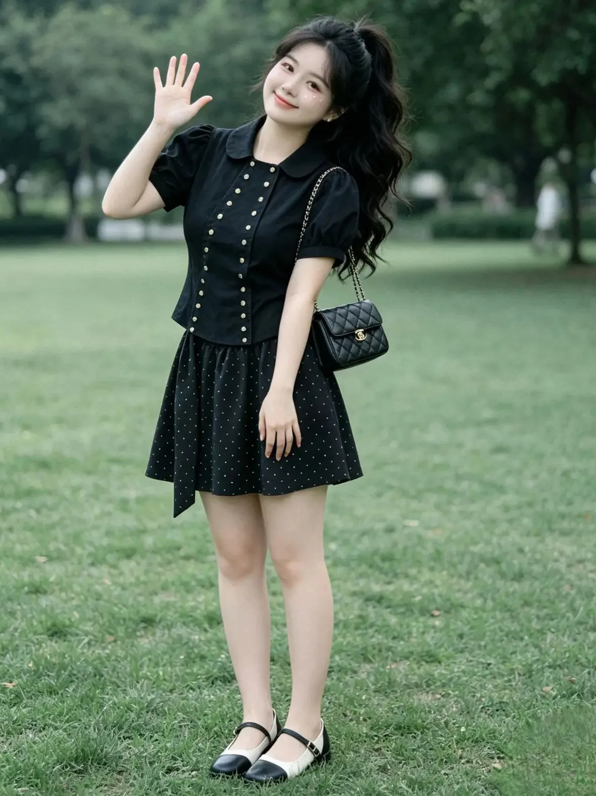 

American Style Elegant Two-Piece Set Women Summer Design Double-Breasted Short Sleeve Shirt High Waist Polka Dot Skirt