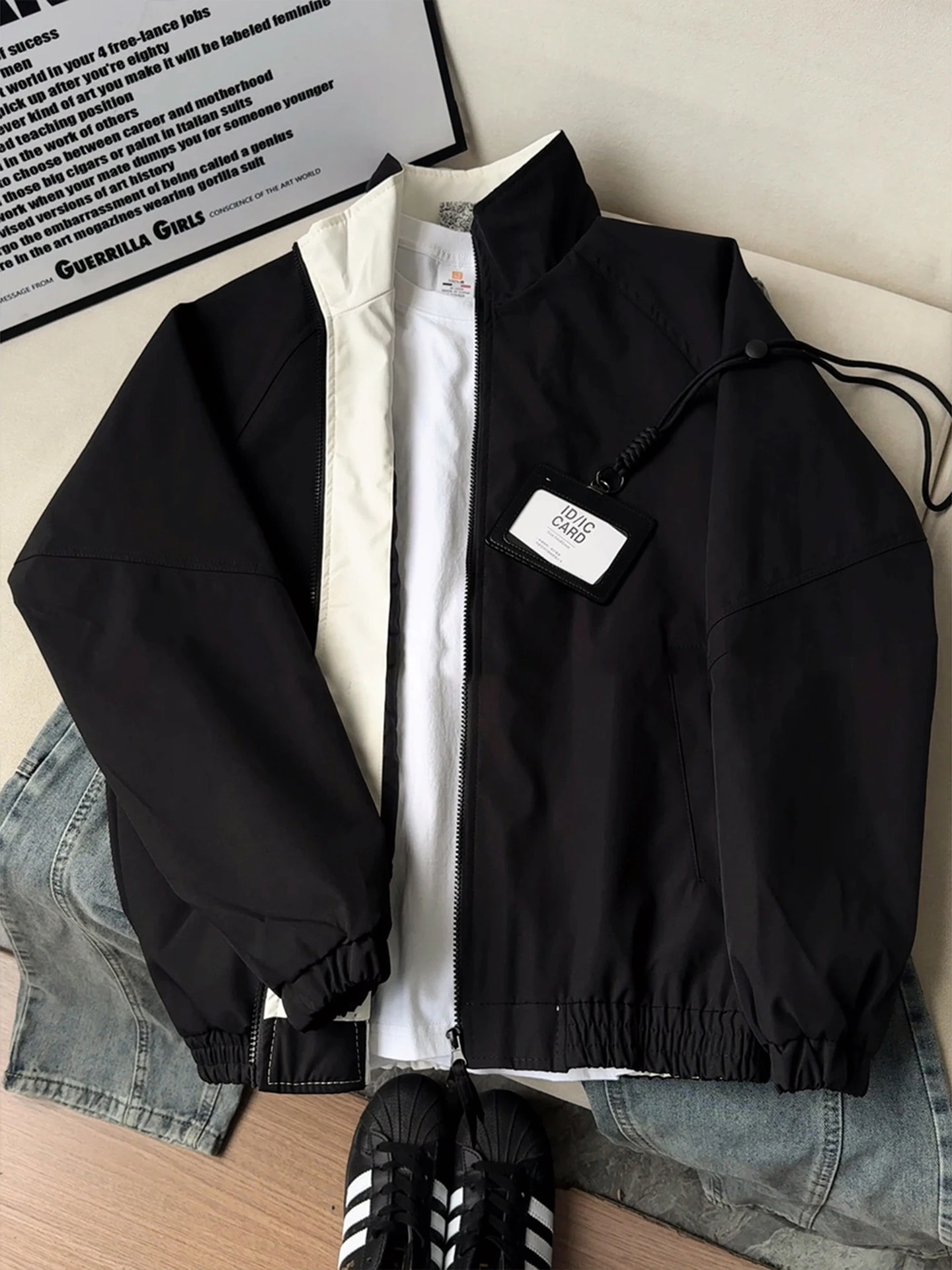 Cleanfit American Style Color Block Flight Jacket Men's Spring Autumn Three Proof Double Zipper  Coat Stand Collar Baseb...