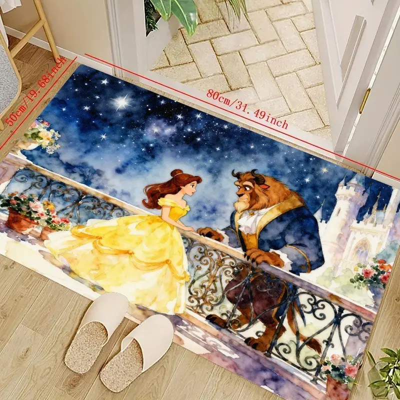 

1 шт., коврик для пола «Красавица и чудовище», принцесса Белль, романтическая Звездная ночь, балкон, акварельный принт, супер мягкий, нескользящий, моющийся D