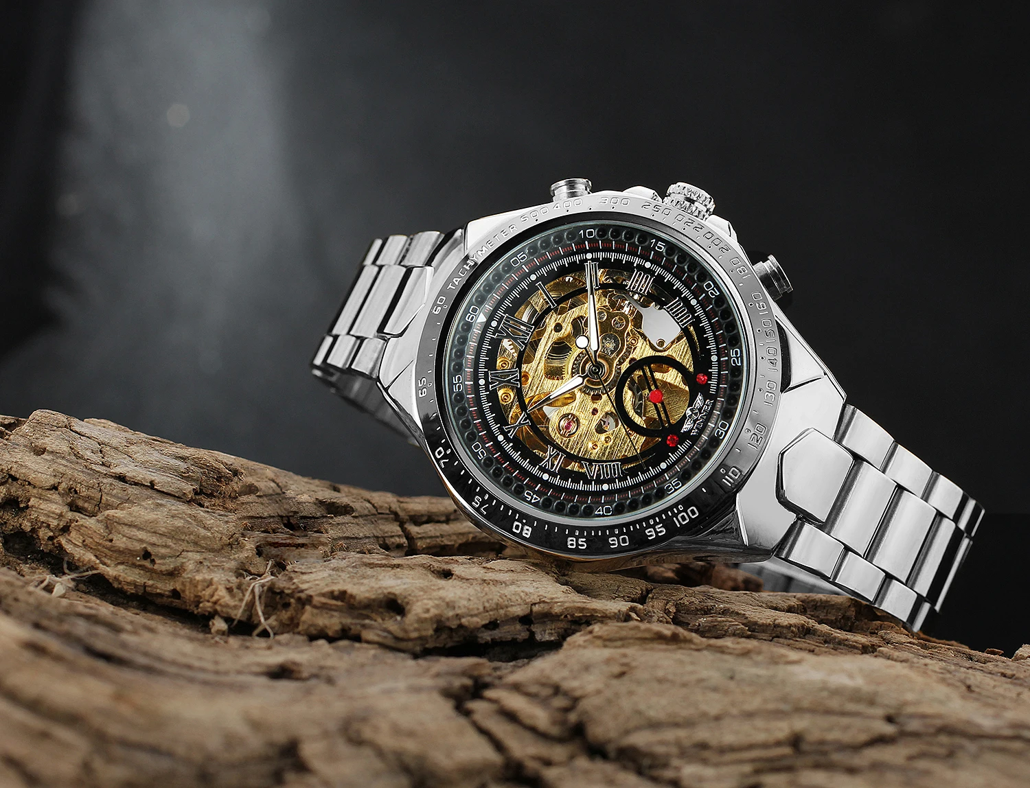 T-WINNER رجال الأعمال التلقائي الهيكل العظمي الميكانيكية ووتش ريترو فضي أسود جوفاء الهاتفي الفولاذ المقاوم للصدأ رجل ساعة يد رياضية