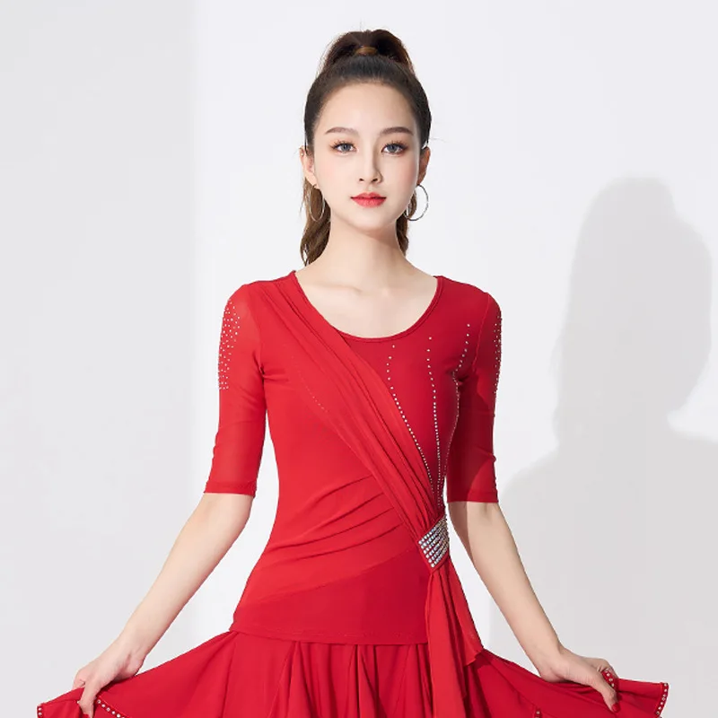 Drilling Latin Dance Top Female Summer 2023 New National Standard Square Dance Wear Dance Clothes Women