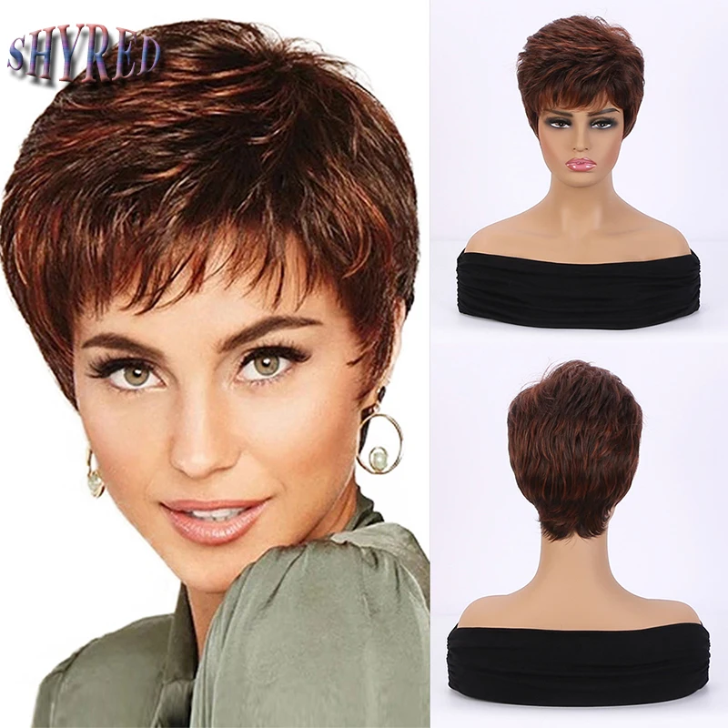 

Lady Synthetic Short Brown Wigs Pixie Cut Hairstyle With Bangsfor Women Daily Wear Realistic Looking Fake Hair