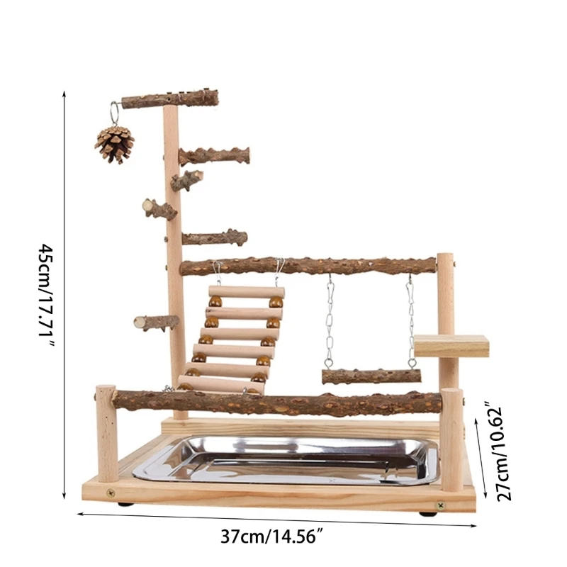 Pet Parrot Playstand Parrots Bird Playground Bird Plays Stand Wooden Perch Playground Ladder with Steel Feeder Plate