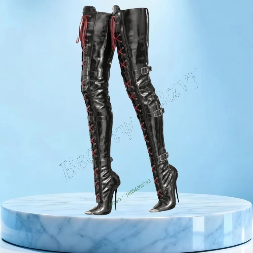 

Black Metal Toe Patent Leather Boots Side Buckle Thigh High Spike High Heel Shoes Solid Sexy Women Shoes New Zapatos Para Mujere