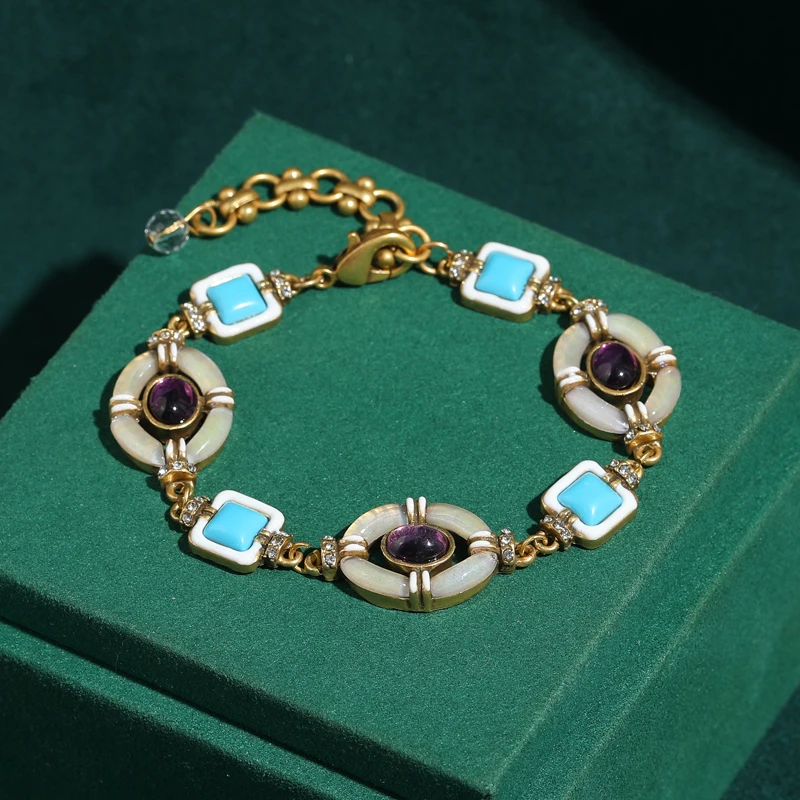 

Beads Purple Glass Bracelet Vintage Ice Inlay White Beimu Jewelry Natural Turquoise Stone Luxury Antique Gold Plated Accessories