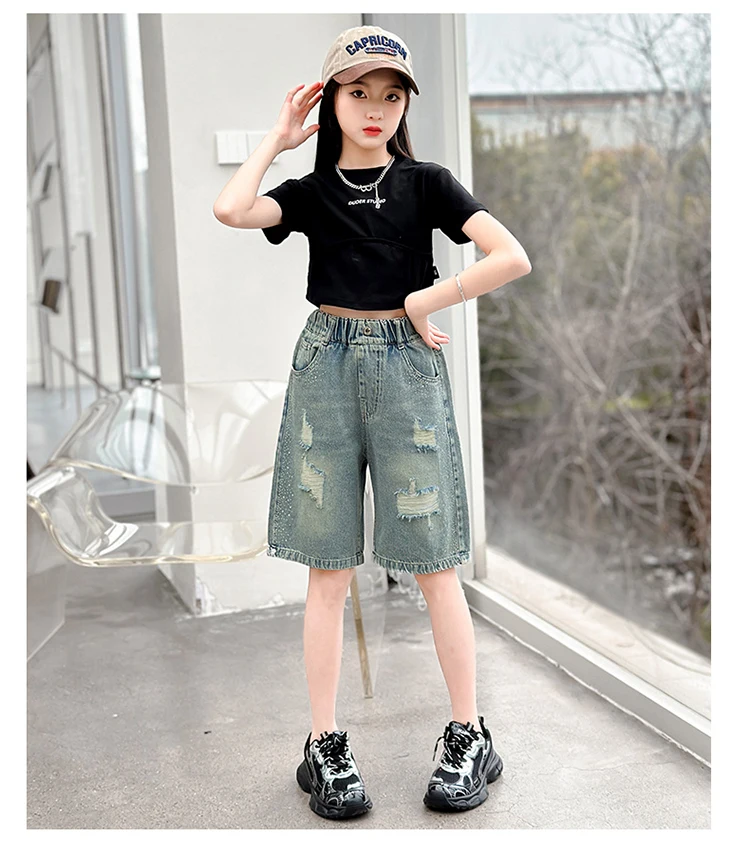 Slim Fit Kinder-Jeansshorts mit Löchern für Teenager-Mädchen, Lässige Sommer-Destroyed-Shorts, Coole Streetwear-Hosen für Kinder – Detail 4