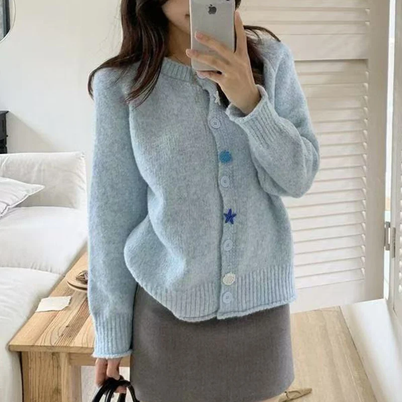 

Женский молочно-синий свитер в нежном стиле, мягкий вязаный кардиган, весенне-осенний женский модный корейский джемпер с длинными рукавами