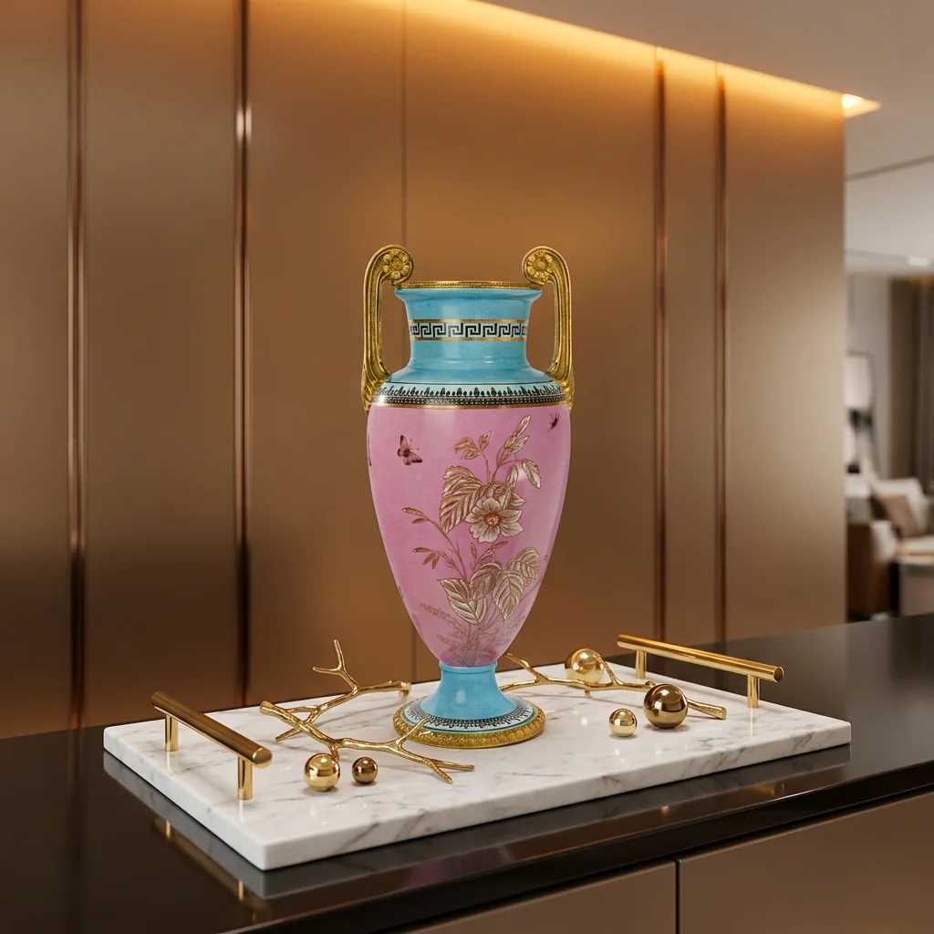 &c European-style Hand-painted High-temperature Ceramic Vase with Copper Decorative Item for Living Room and Dining Room
