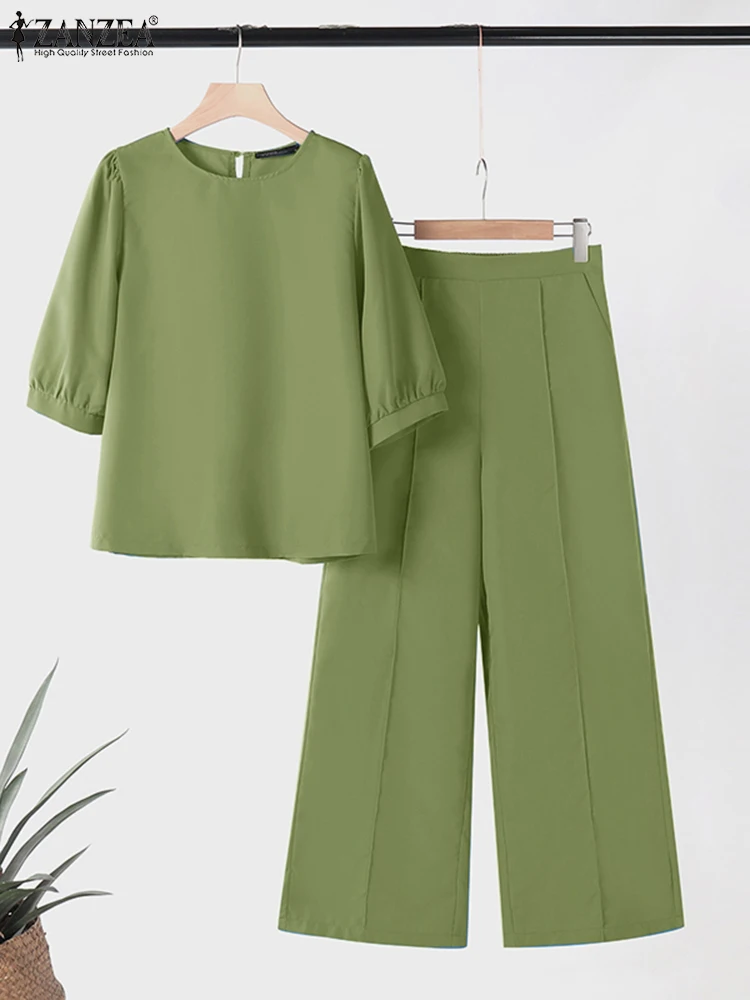 ZANZEA Summer 2024 Solid 2pcs Outfits Wide Leg Trousers Elegant 3/4 Sleeve Blouses Women 2-Piece Suits Casual Loose Pant Sets