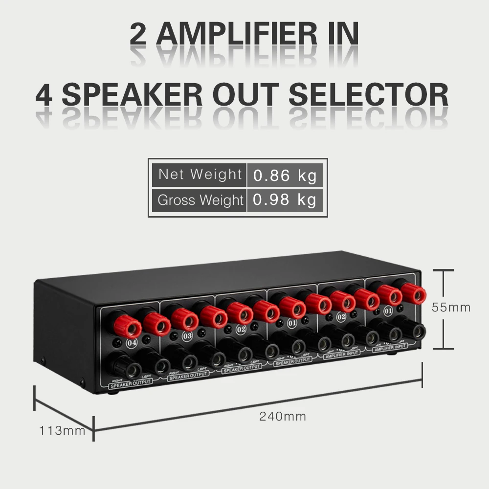 2 in 4 Out Speaker Selector Switch Box 4 Zone Amplifier and Speaker Selector with Volume Control Banana Jack 6.5mm Earphone Jack