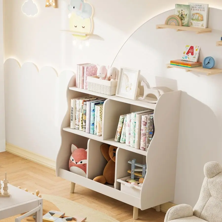 Kids Bookshelf and Toy Storage Orangizer, 3Tier Wooden Childrens Bookcase with Curve Design, 5 Cubbies Toy Storage Cabinet Displ
