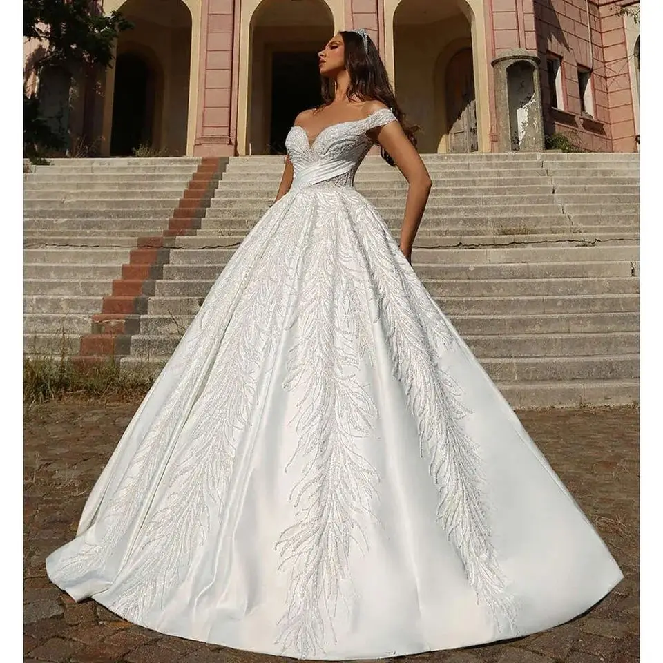 Customized Off the Shoulder Shinny Fully Beads Sequins Elegant  Wedding Dress Vestido De Noiva Ballgown Puffy    Bridal Gown