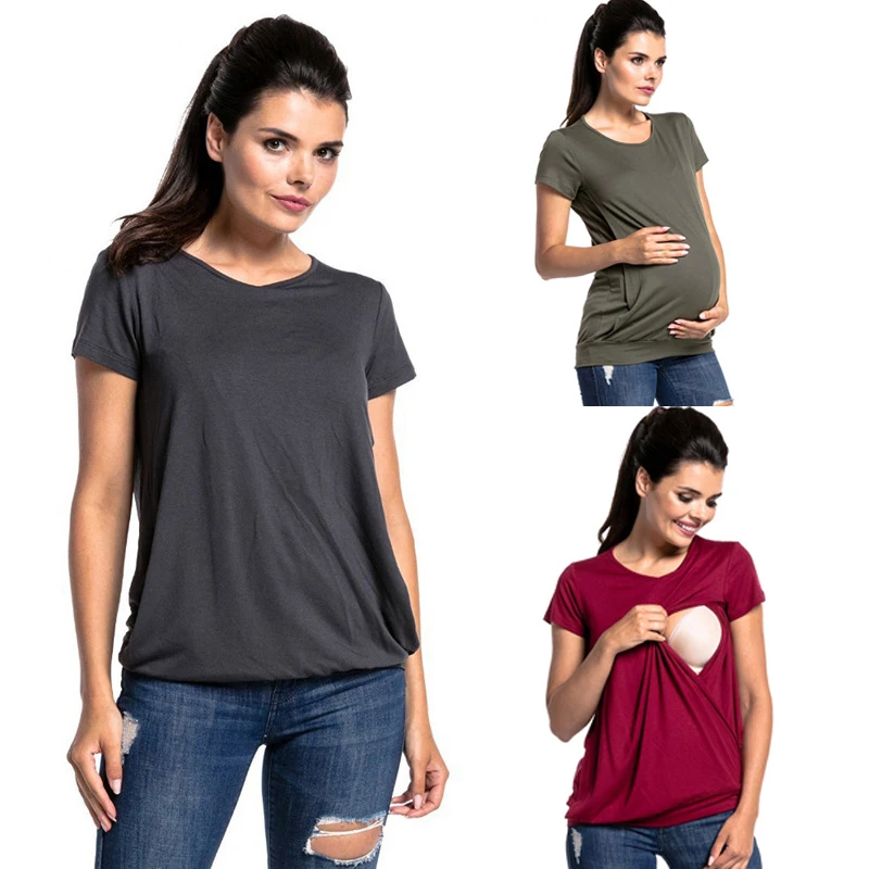 

Women's Short Sleeve Pure Colour T-shirts Breastfeeding Nusring Maternity Clothes Pregnant Blouse Nursing Tops Breastfeeding