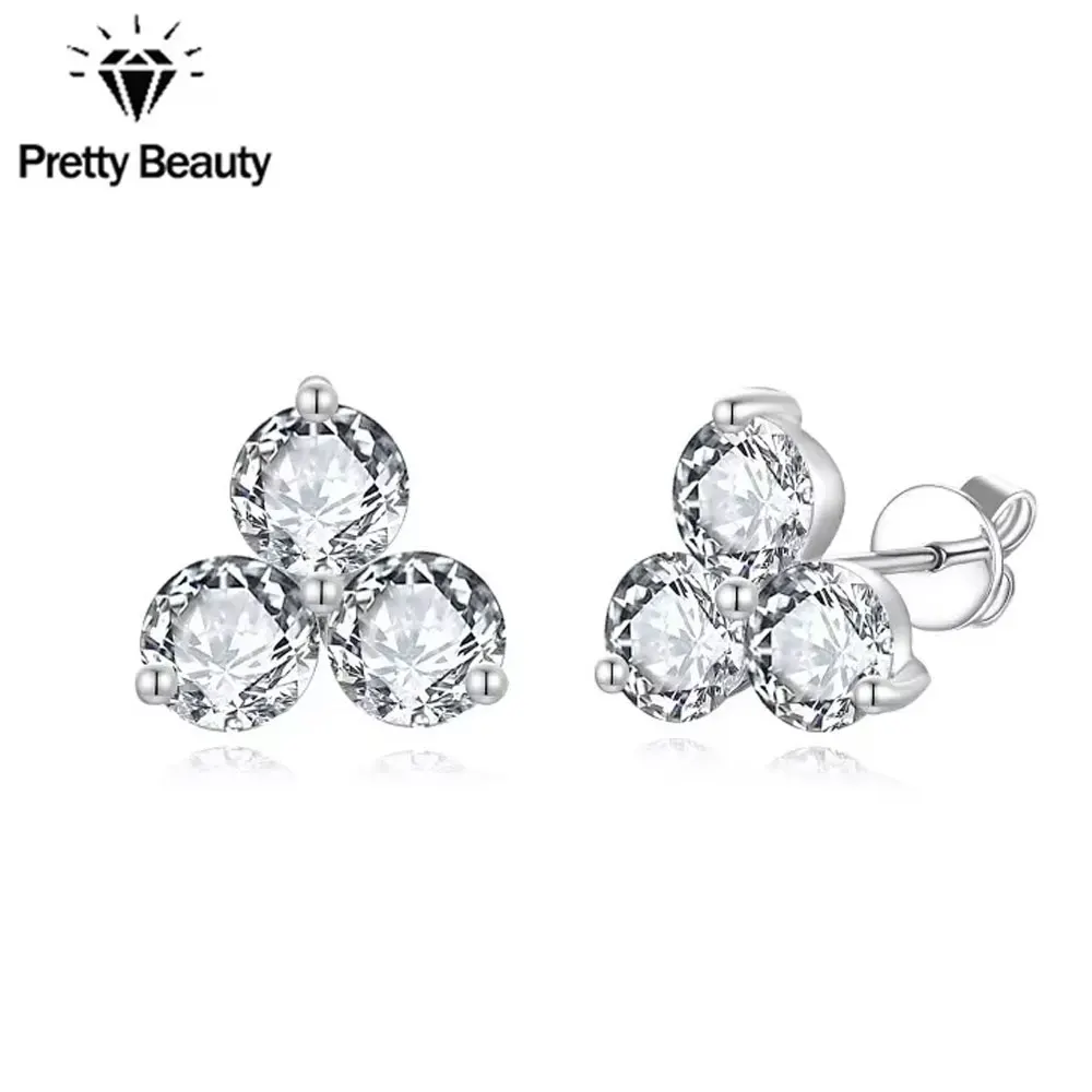 

Pretty Beauty S925 Silver Three Stone Moissanite Stud Earrings White Gold Plated Diamond Earrings Dainty Jewelry Gift for Women
