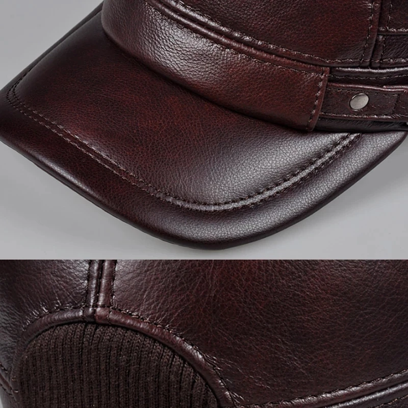 Men Accesorios Warm Hat Men\'s Genuine Leather Flat Caps Army Elegant Baseball Cap British Vintage Earflap Wine Red Gorra