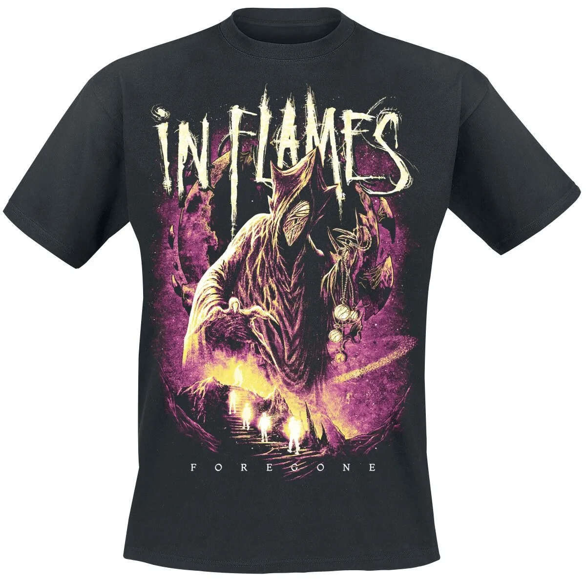 In Flames Purple Galaxy Reaper Graphic Tee, Gothic Metal Shirt with Glowing Fire Path Print for Fans