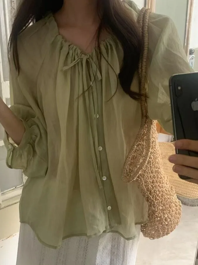 

Ele Long Sve irt Women's Bow Tie Single Button Loose Top Summer Design Sensation Sweet Gentle Sle