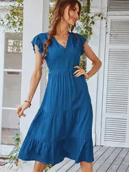 Msfilia Women's Spring Summer Leisure Vacation A Line Dress V Neck Sexy Flying Sleeve Solid Color Dresses