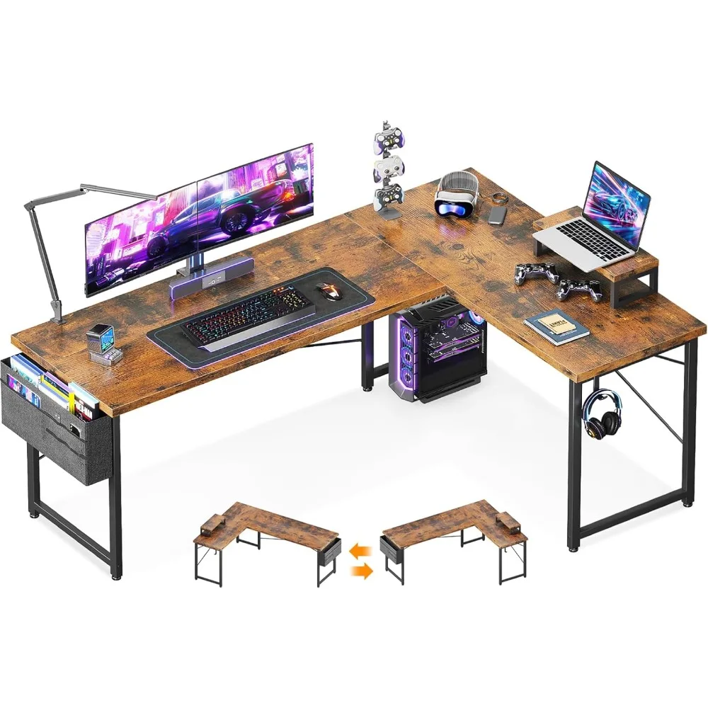 

L-shaped desk, computer corner gaming table, home office desk with monitor stand, modern minimalist wooden desk
