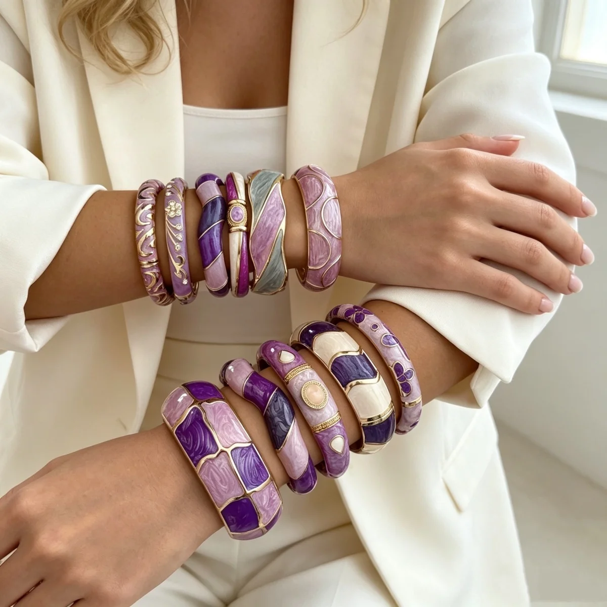 Ästhetisches Armband aus Emaille der Purple-Serie für Damen und Herren, Vintage-Punk-Stil, unregelmäßiger Block, gedreht, wellig, breiter Statement-Armreif, Schmuckstück – Detail 9