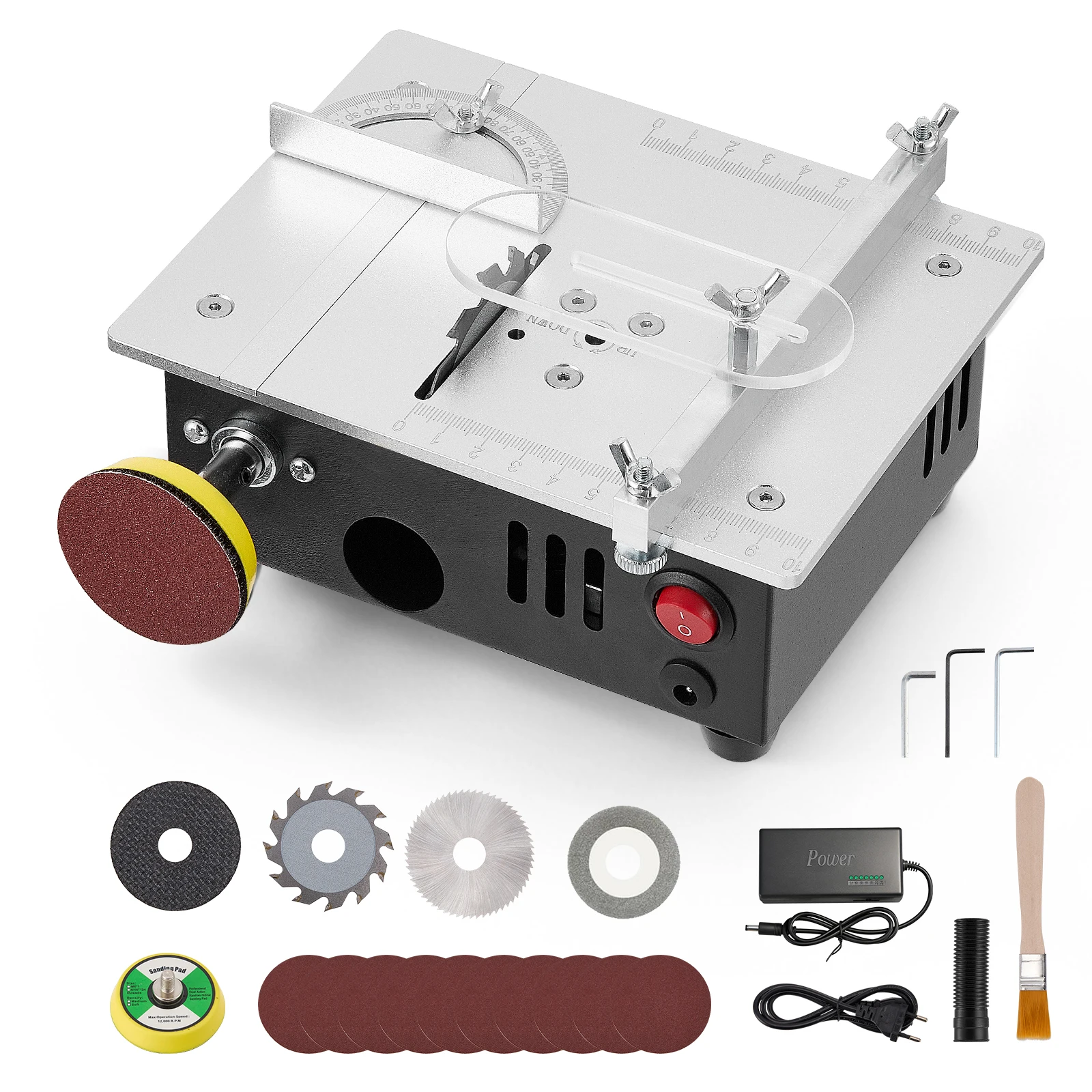 Mini Sega da Tavolo 4-in-1 con Tavolo per Levigatura, Controllo a 7 Velocità (5000 RPM) e 45° ° Stazione di Taglio Compatta per Legno, Acrilico, Met