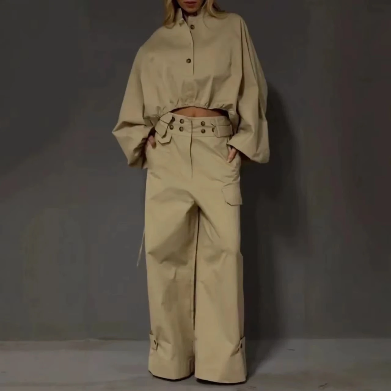 Women's Clothing Ins Workwear Style Lantern Sleeve Drawstring Loose Top Paired  with Workwear Wide-leg Pants Set Sexy Bandage