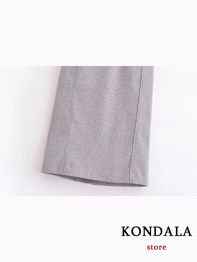 KONDALA Vintage Casual Solid Women Suit Gray Zipper Pockets Hooded Jackets Long Straight Skirt Fashion 2023 Autumn Office Set