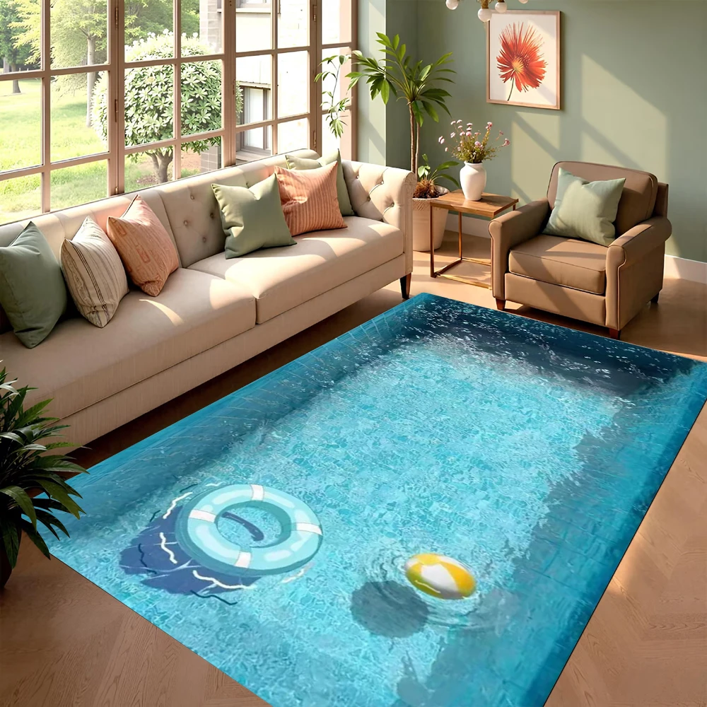 3D Summer Swimming Pool Living Room Carpet Blue Water Ripple Carpet Swimming Ring Printed Non-slip Mat Home Decoration Carpet
