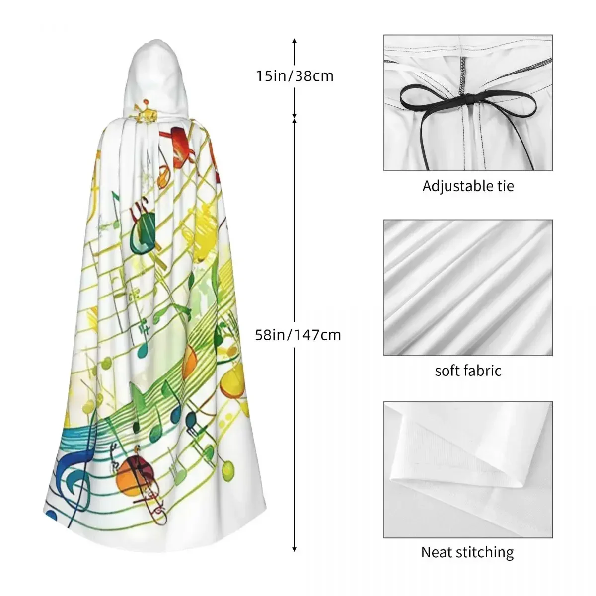 Customization Abstract Piano Keys With Musical Notes Long Hooded Cloak Witch Medieval Costume Cosplay Cape HalloweenCoat Adult U
