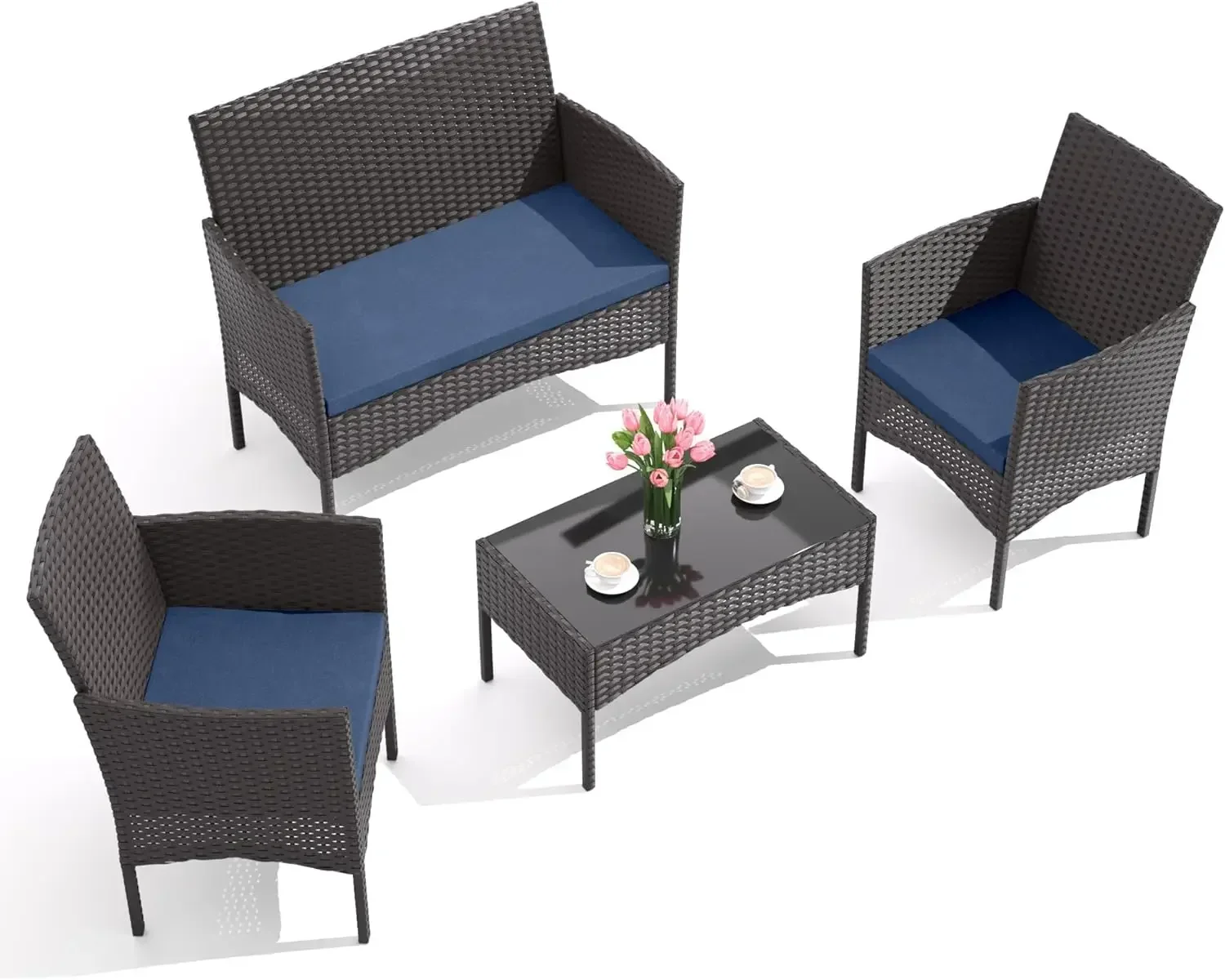 Eco-friendly 4-Piece Outdoor Patio Furniture Set, Wicker Rattan Chairs & Sofa With Cushions And Glass Coffee Table, Conversation