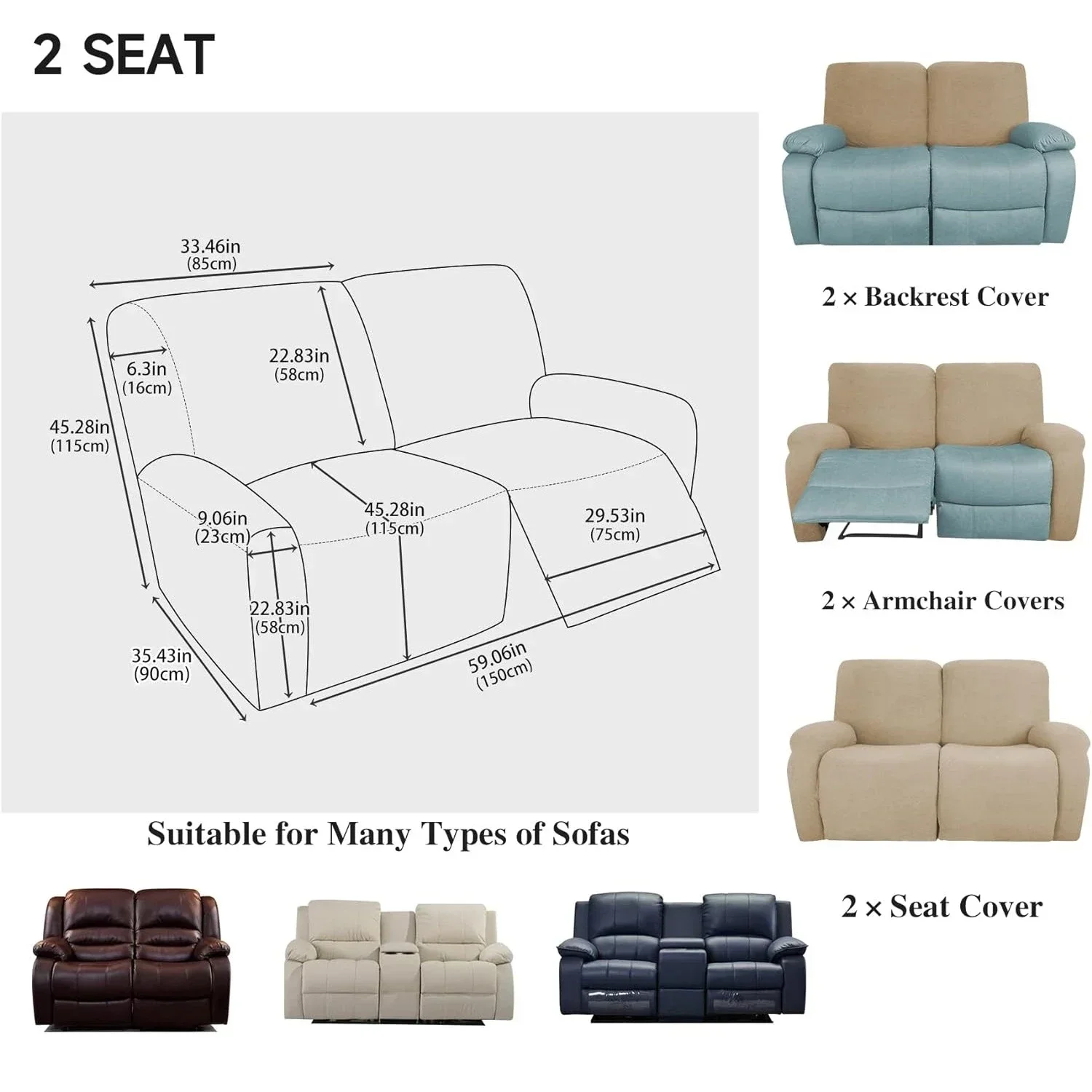 Chenille Fabric Recliner Sofa Cover 6-Pieces Stretch Soft Washable Recliner Sofa Slipcover 2-Seater Lovest Sofa Couch Protector