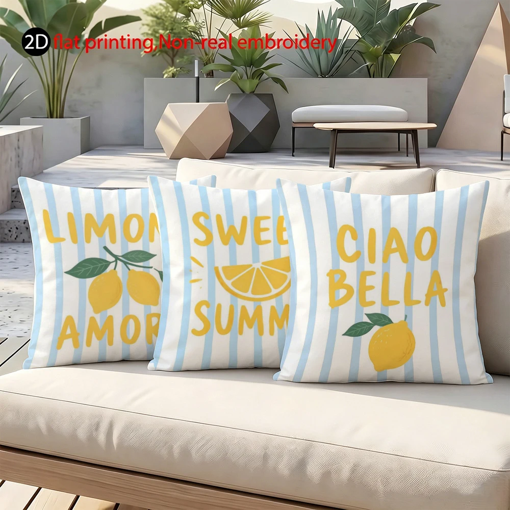 4pcs Summer Lemon Striped Throw Pillow Covers Sweet Summer Ciao Bella Decorative Cushion Cases for Home Sofa Patio